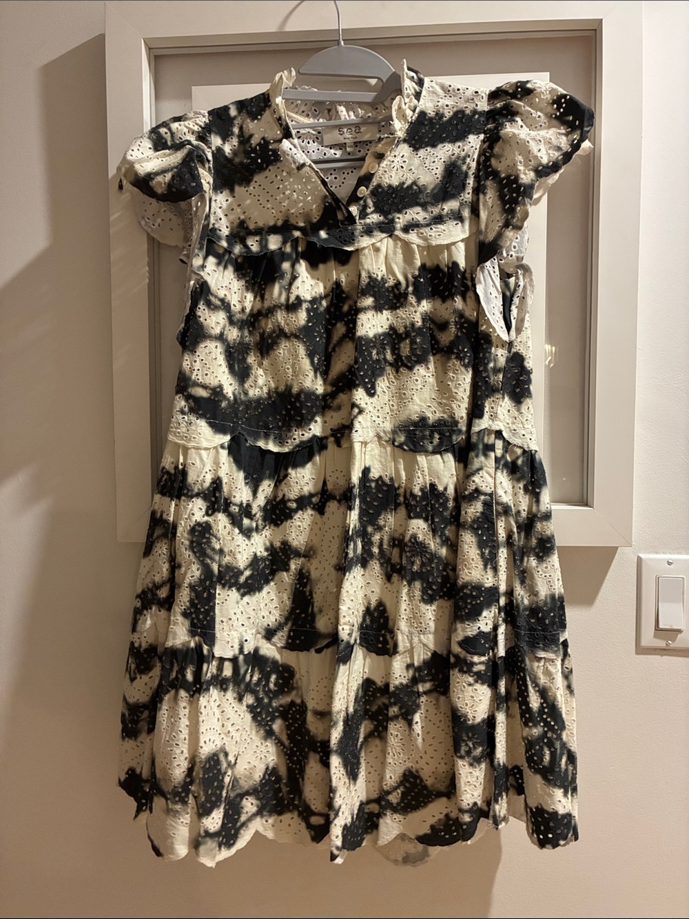 Sea New York Black and Cream Eyelet Tie-Dye Tiered Dress